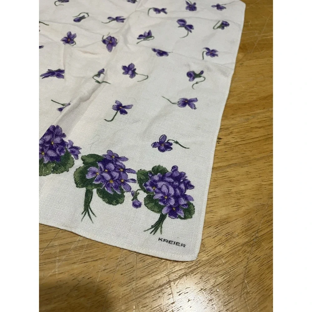 Vintage Kreier Linen Tea Towel‎ Violet Purple Flowers Wall Hanging 16x11 1/2